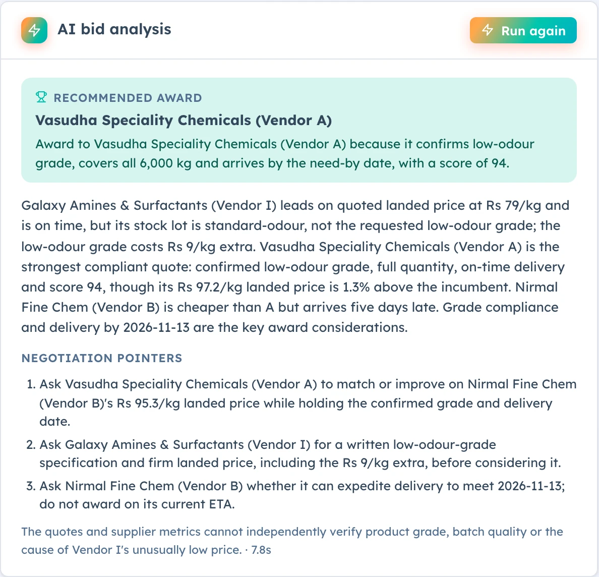 AI bid analysis recommending the only quote that meets the grade, quantity and date, with negotiation pointers.