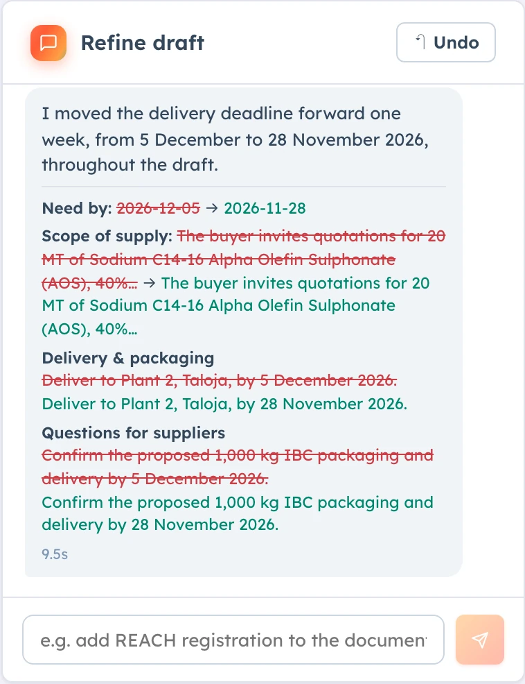 Delivery brought forward a week in plain words, with every affected line shown as a change.