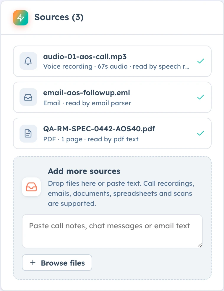 Three sources read for one purchase: a call recording, a follow-up email and a specification PDF.
